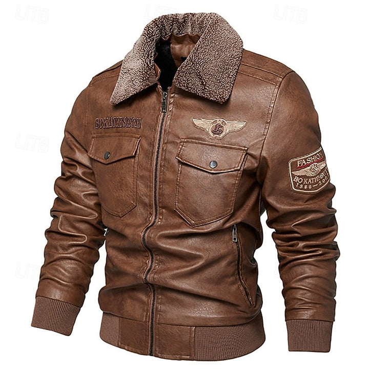 Blouson d’aviateur en cuir pour homme, avec col en fausse fourrure