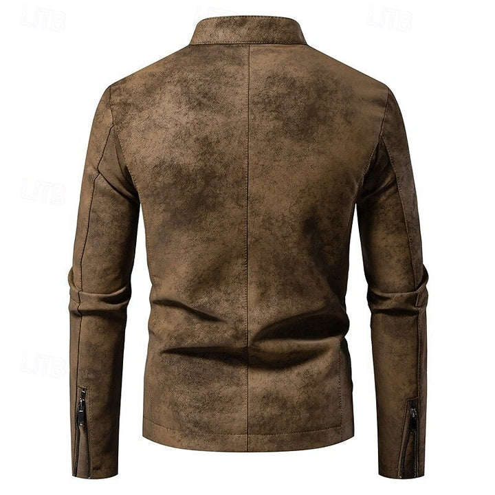 Men's Faux Leather Biker Jacket with Stand Collar