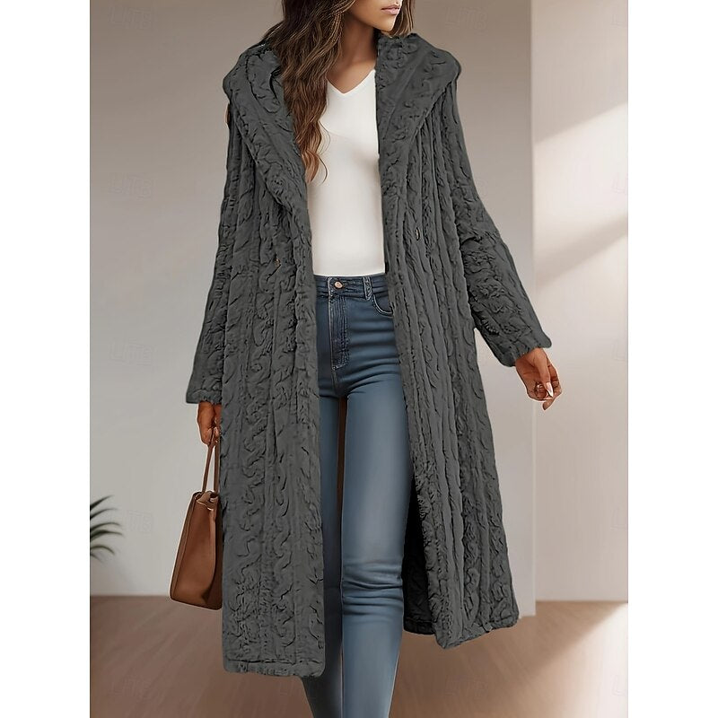 Women's Faux Fur Longline Hooded Coat with Pockets