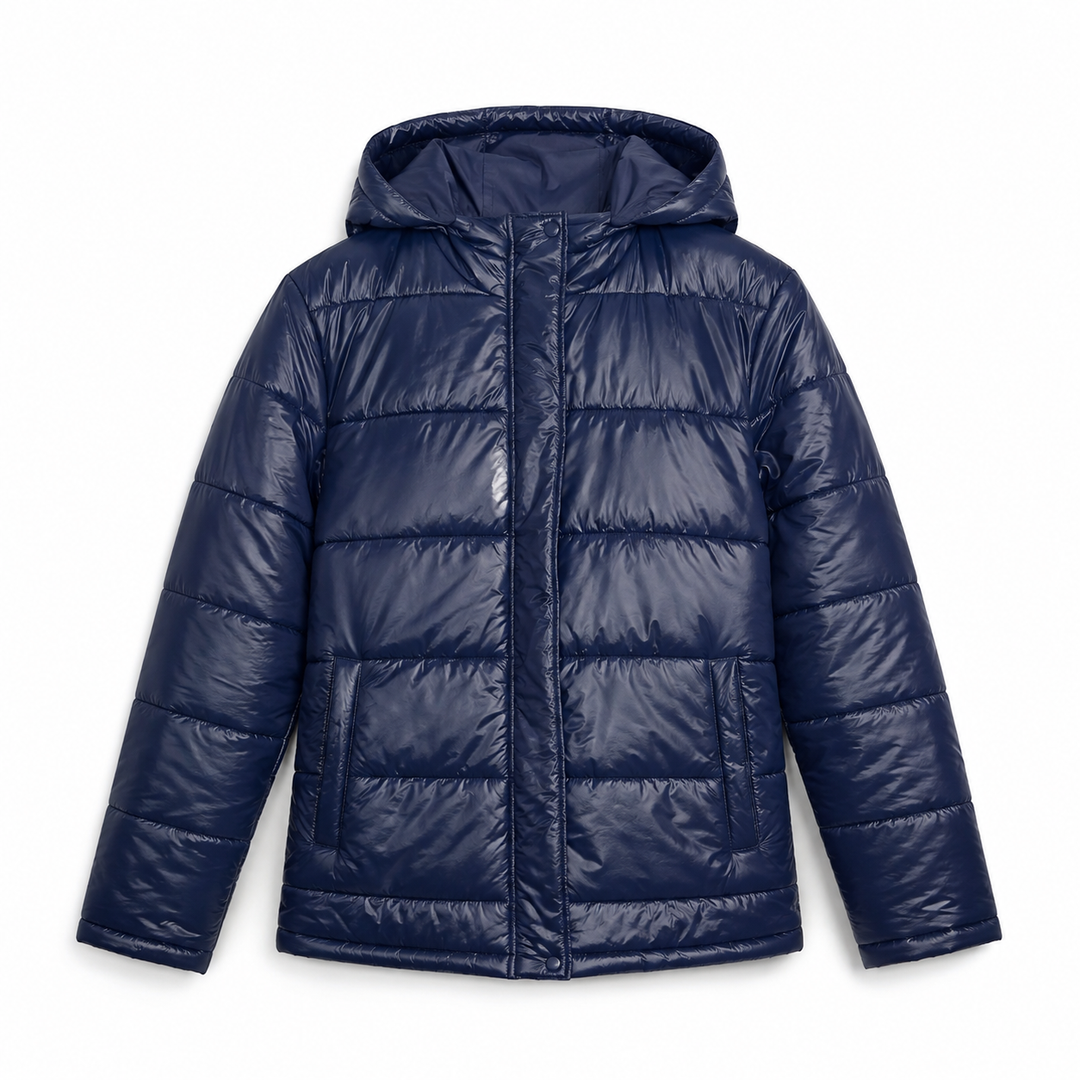 Women's Glossy Puffer Jacket with Padded Hood