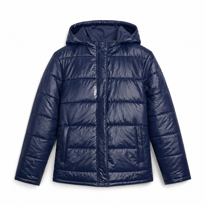 Women's Glossy Puffer Jacket with Padded Hood