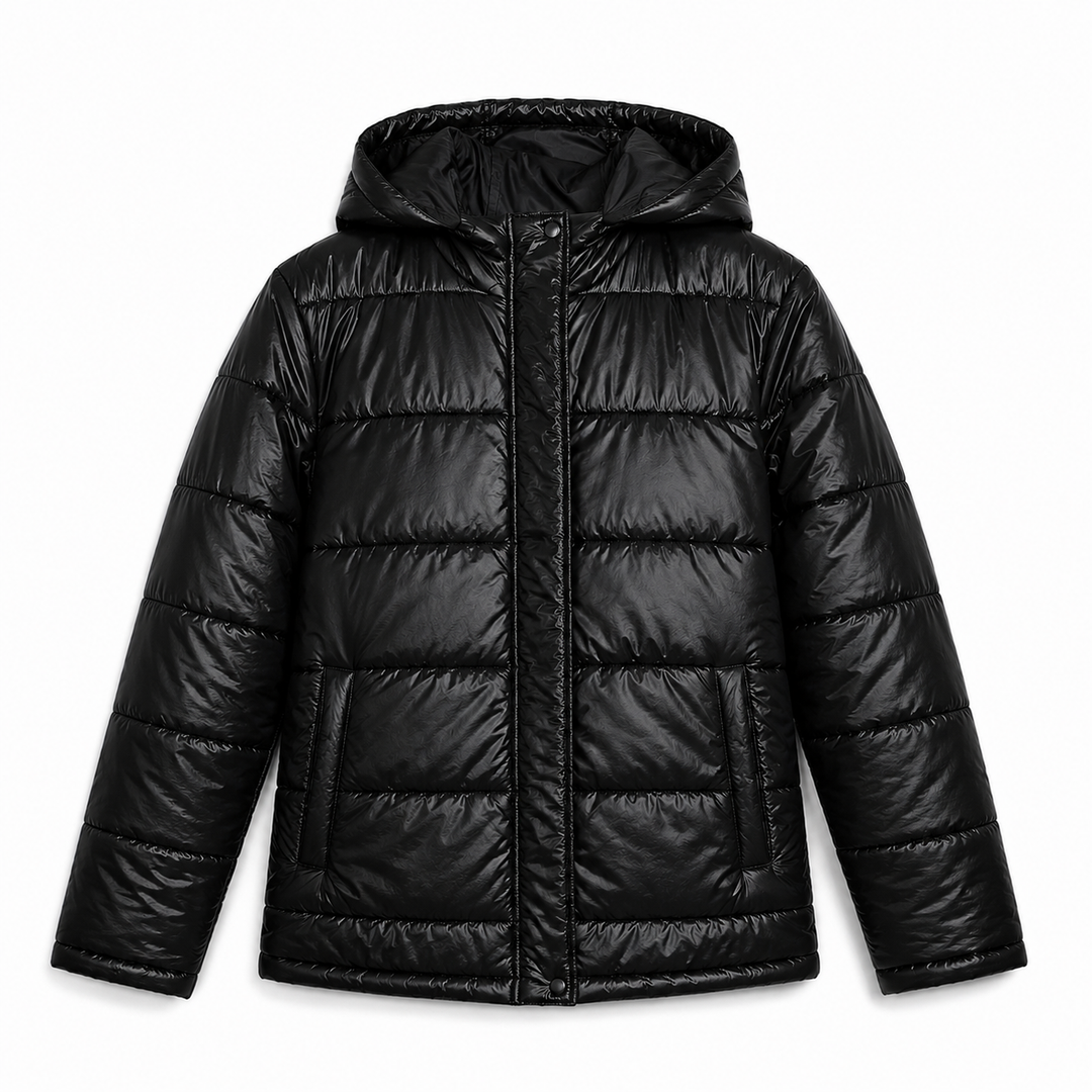 Women's Glossy Puffer Jacket with Padded Hood