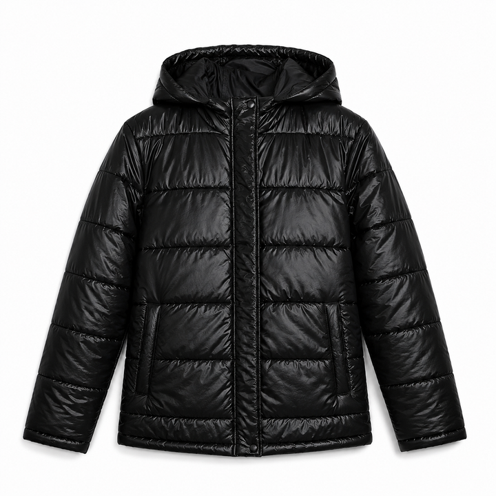 Women's Glossy Puffer Jacket with Padded Hood