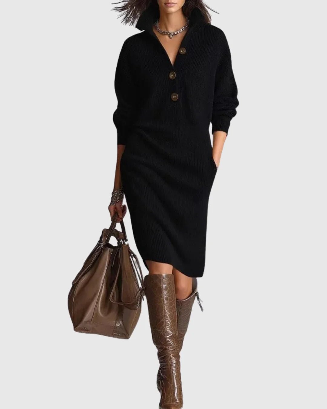 Women's Wool Knit Midi Dress with Button-Up Collar
