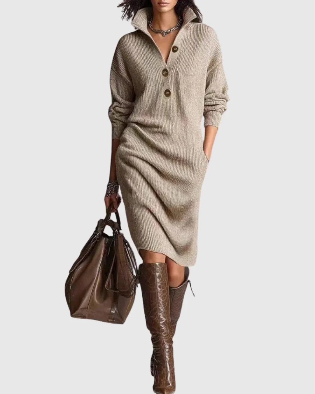 Women's Wool Knit Midi Dress with Button-Up Collar