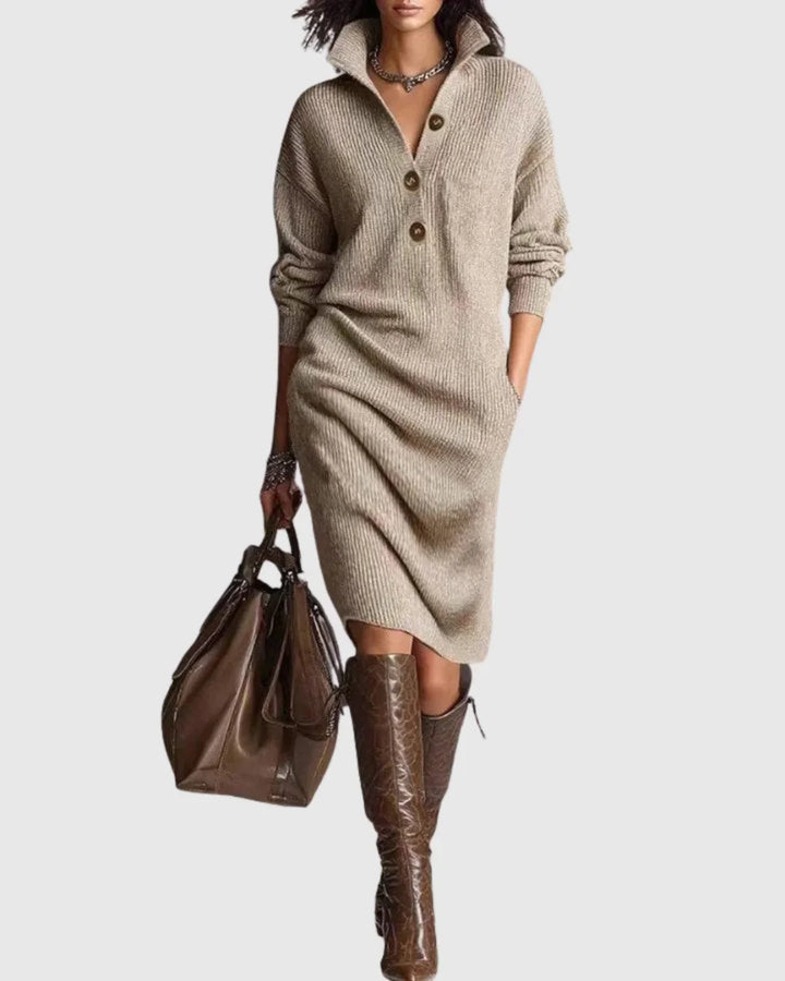 Women's Wool Knit Midi Dress with Button-Up Collar