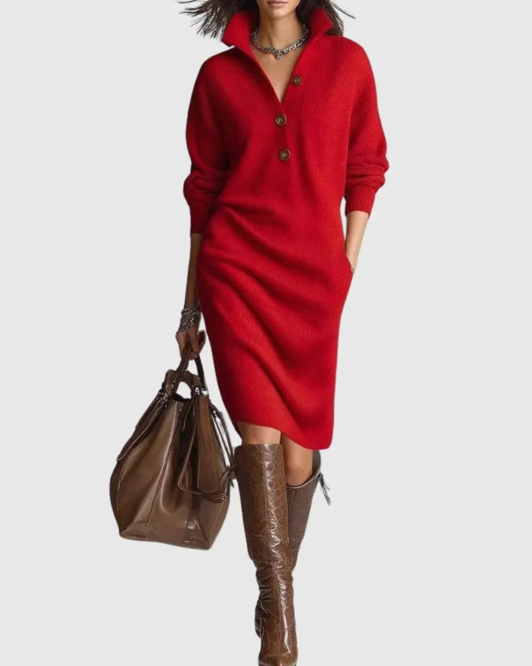 Women's Wool Knit Midi Dress with Button-Up Collar