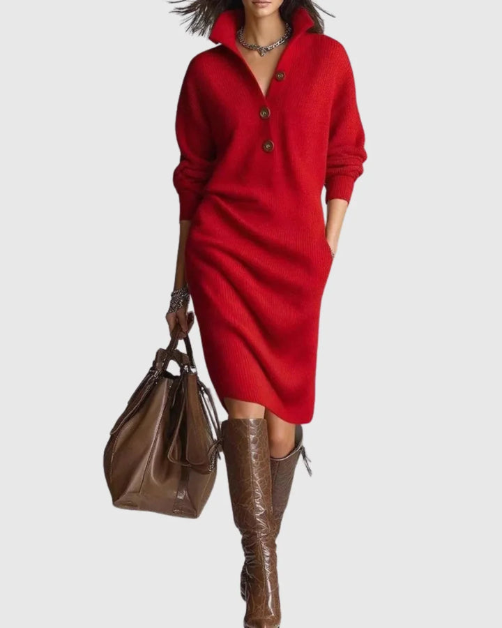 Women's Wool Knit Midi Dress with Button-Up Collar