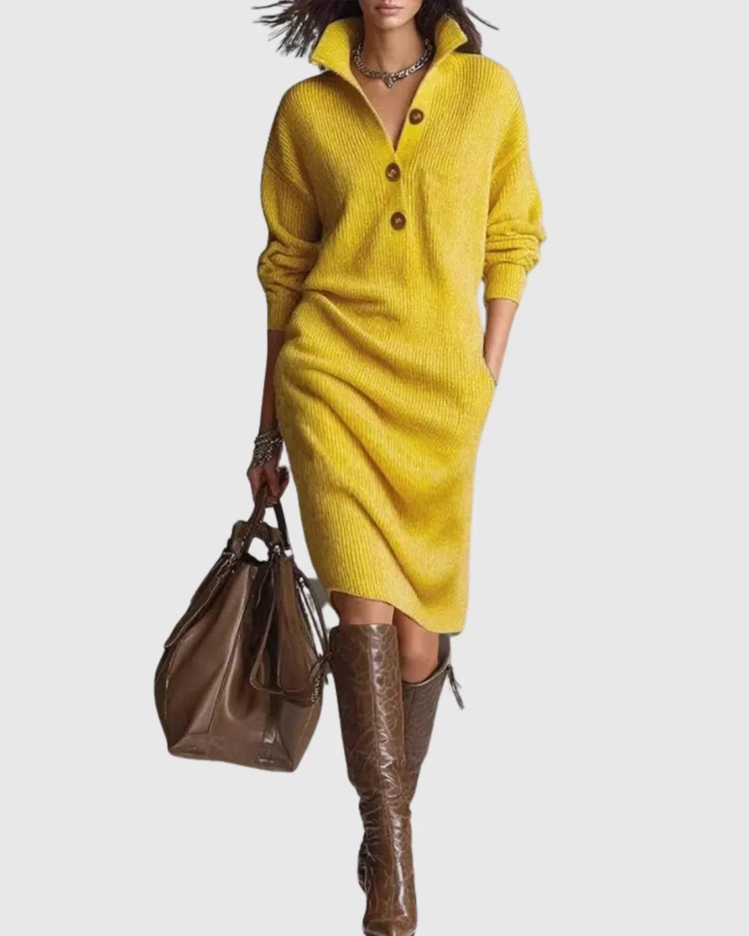 Women's Wool Knit Midi Dress with Button-Up Collar