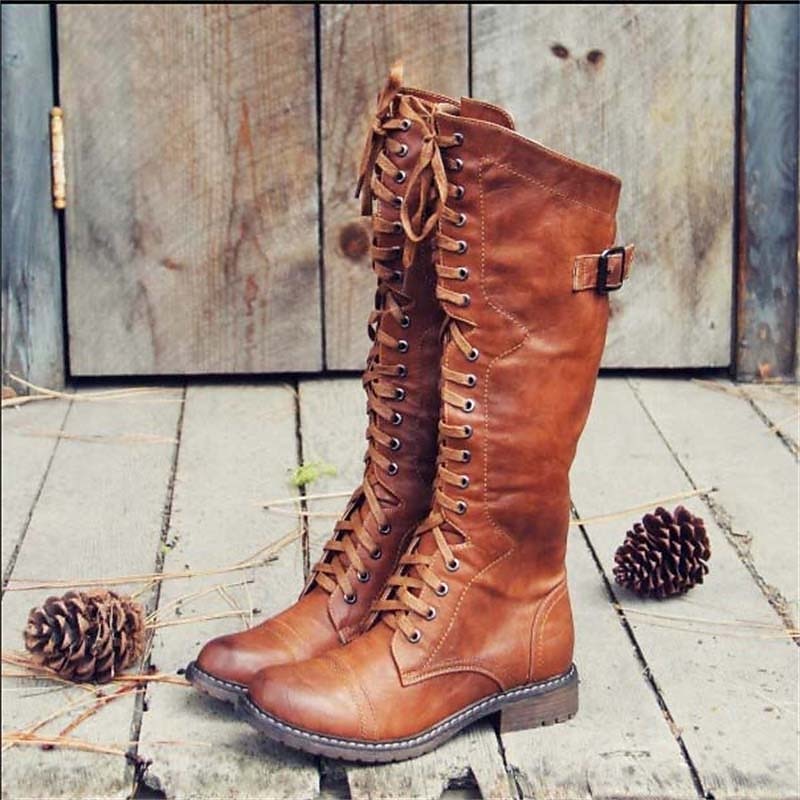 Bottes d’équitation pour femme en cuir, montant jusqu’au genou, avec laçage