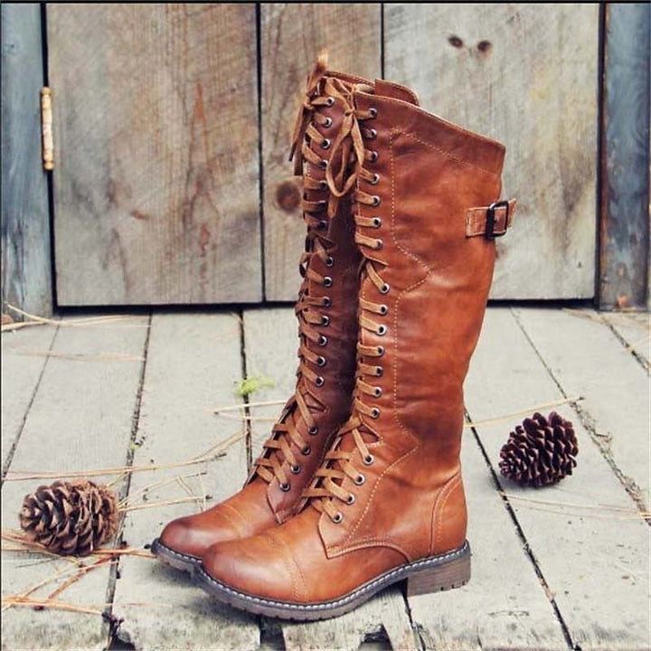Bottes d’équitation pour femme en cuir, montant jusqu’au genou, avec laçage