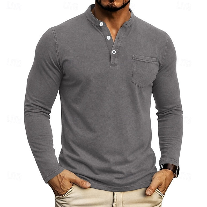 Men's Long Sleeve Henley with Chest Pocket