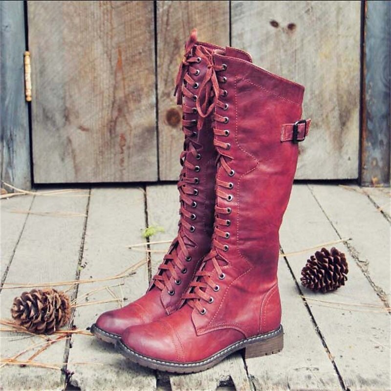 Bottes d’équitation pour femme en cuir, montant jusqu’au genou, avec laçage