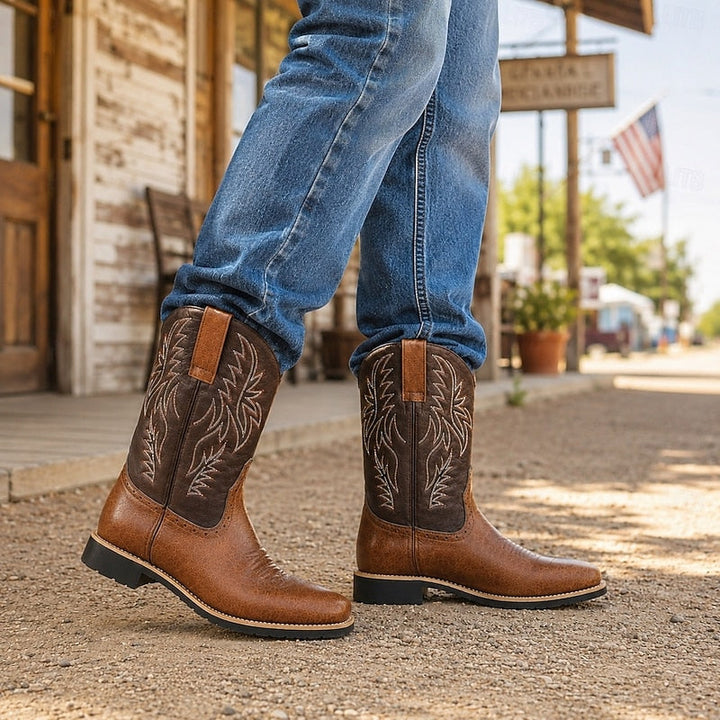 Men's Leather Western Cowboy Boots with Stitched Shaft