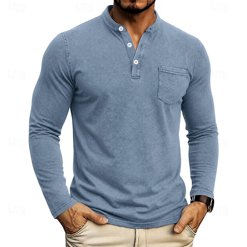 Men's Long Sleeve Henley with Chest Pocket