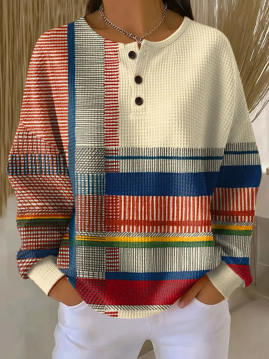 Women's Waffle Knit Button-Front Jumper in Colour Block Stripe