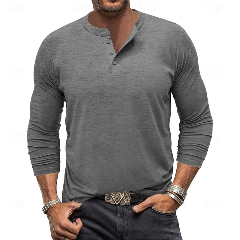 Men's Henley Shirt with Stand Collar Button Placket