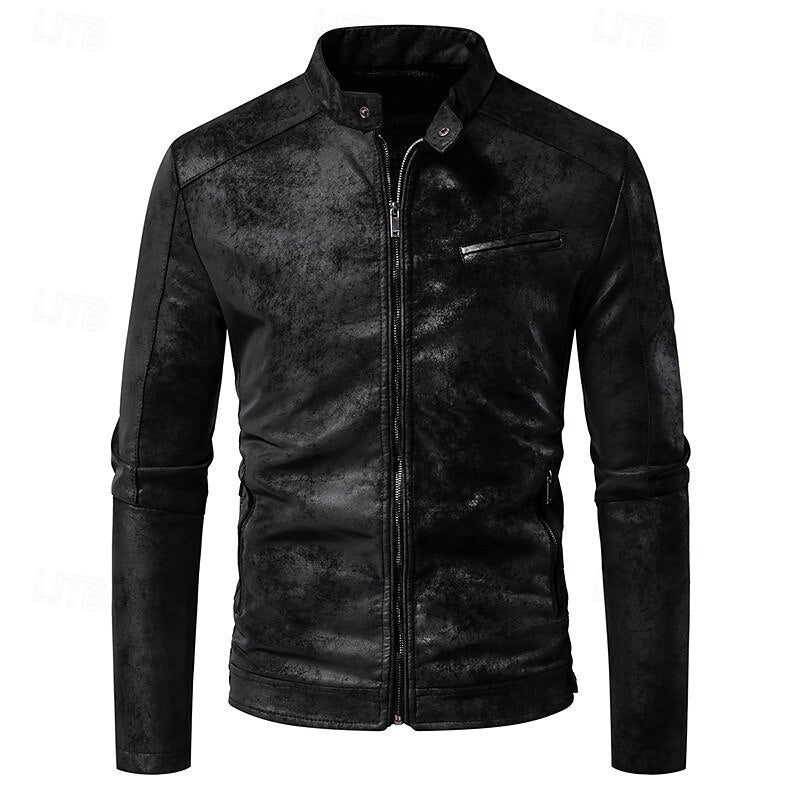 Men's Faux Leather Biker Jacket with Stand Collar