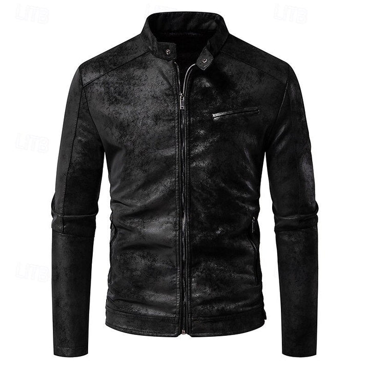 Men's Faux Leather Biker Jacket with Stand Collar