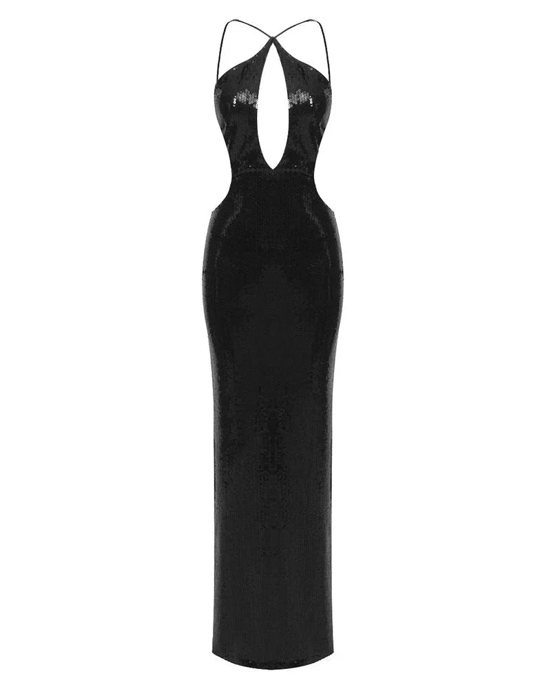 Women's Sequin Cut-Out Halterneck Party Maxi Dress