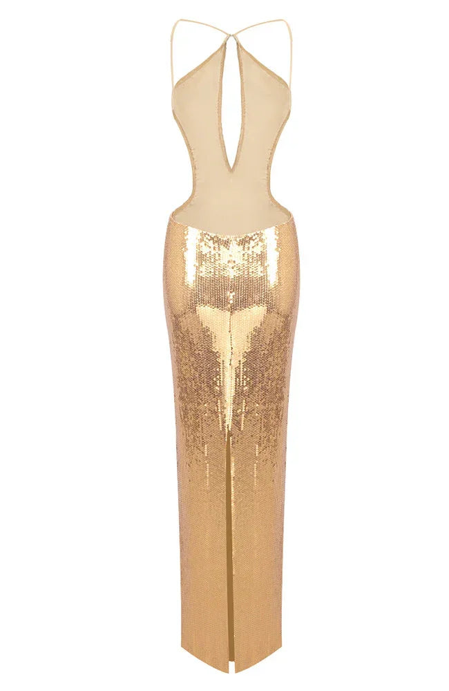 Women's Sequin Cut-Out Halterneck Party Maxi Dress