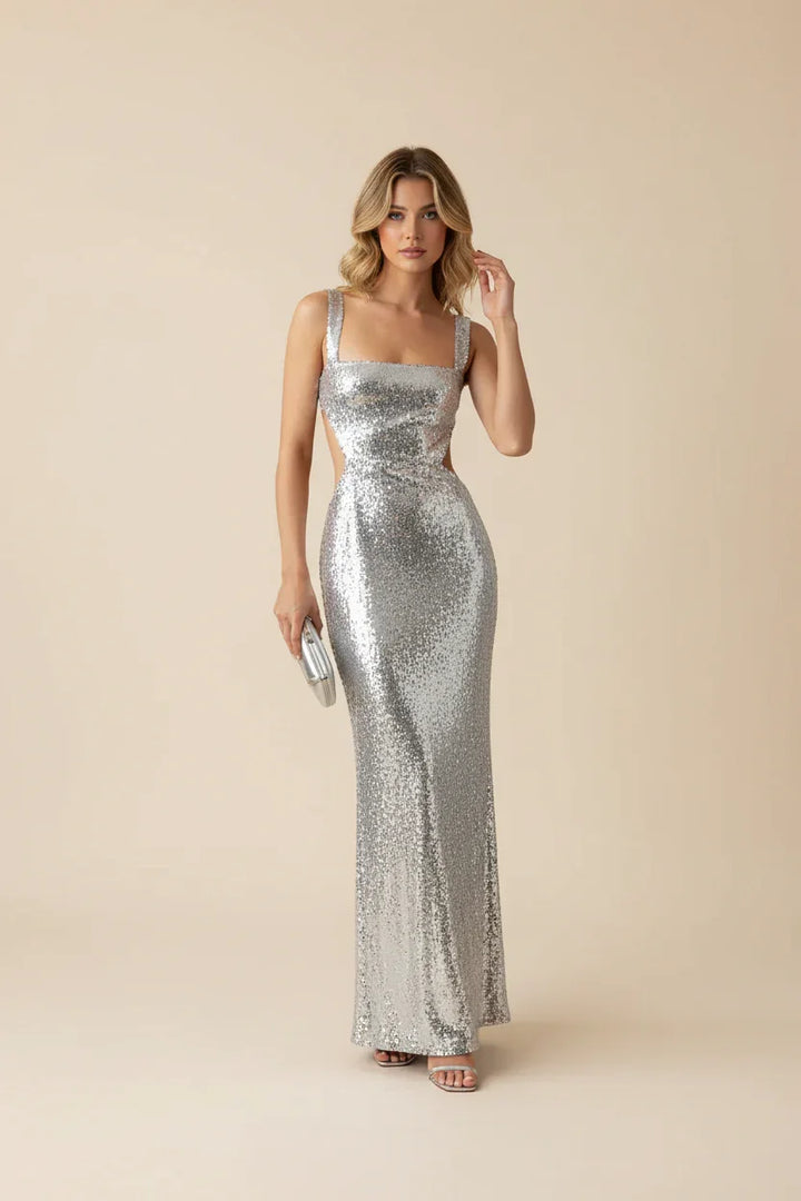 Women's Sequin Party Maxi Dress with Waist Cutout