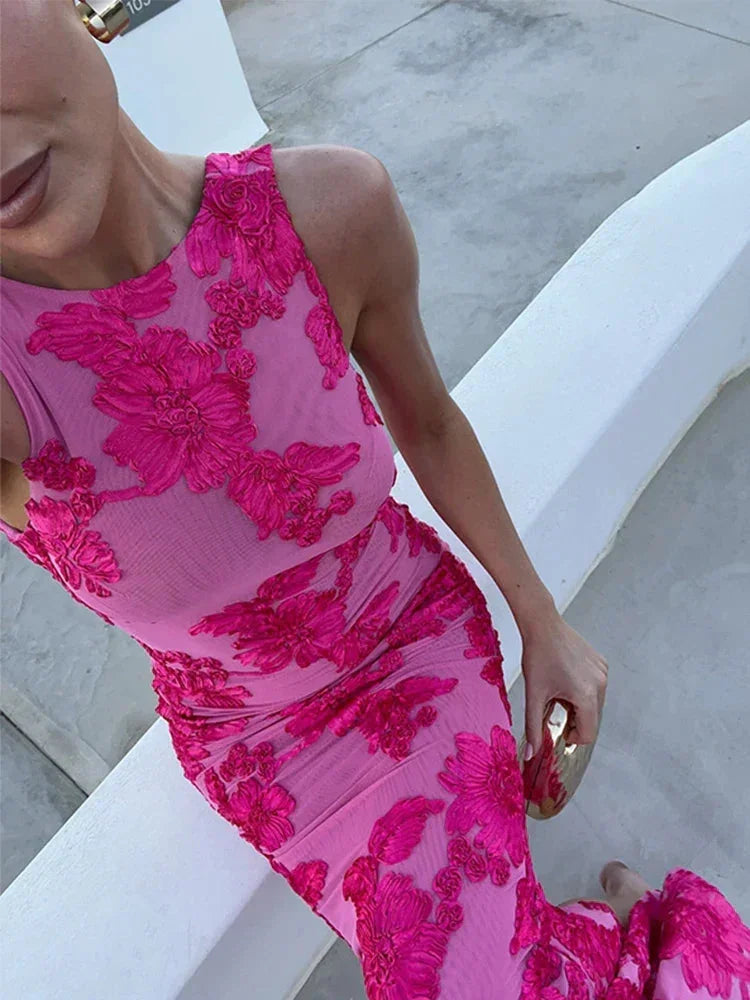 Women's High-Neck Floral Lace Party Maxi Dress