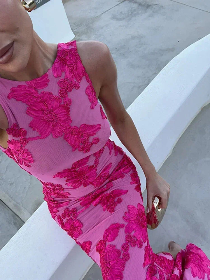 Women's High-Neck Floral Lace Party Maxi Dress