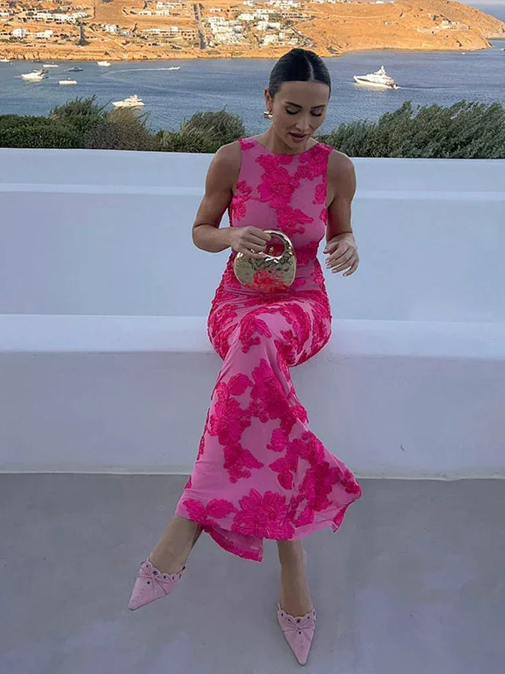 Women's High-Neck Floral Lace Party Maxi Dress