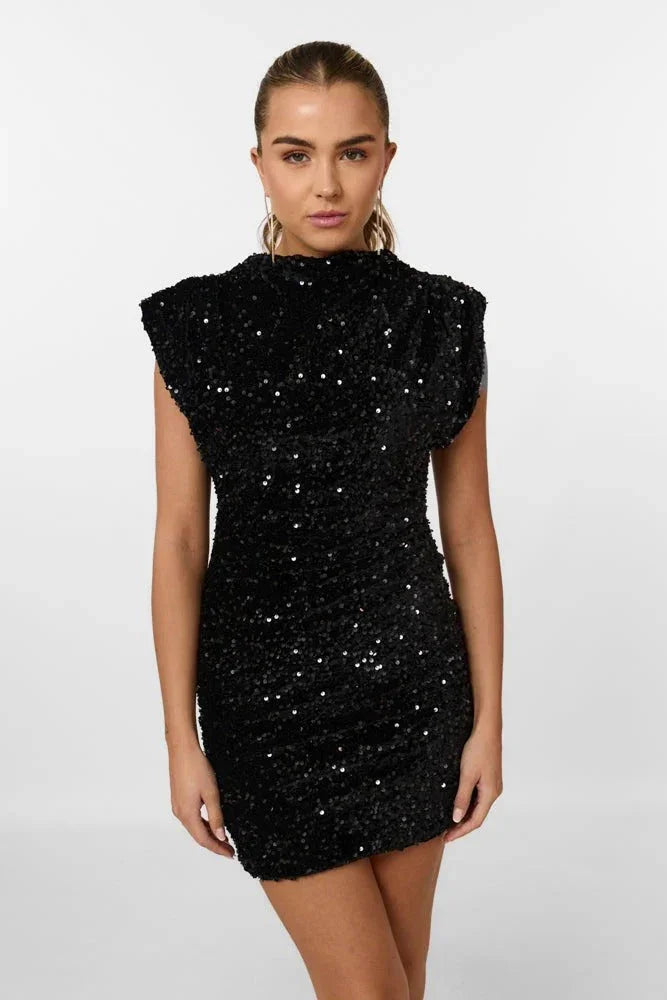 Women's Sequin Mini Party Dress with Structured Shoulders