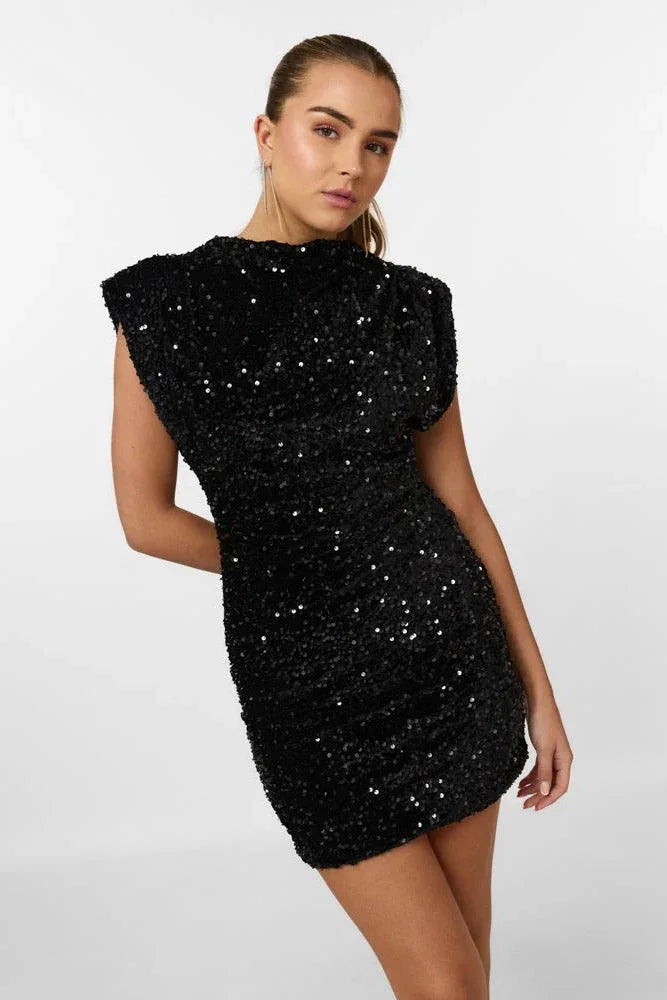 Women's Sequin Mini Party Dress with Structured Shoulders