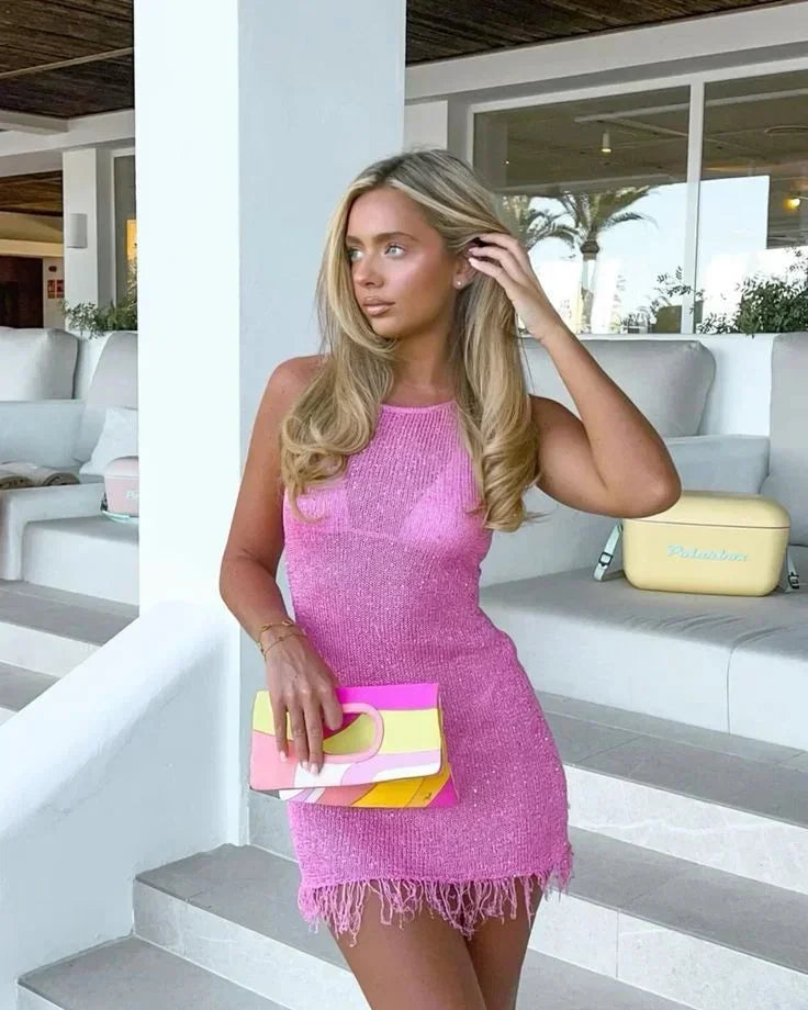 Women's Knit Mini Party Dress with Fringe Hem