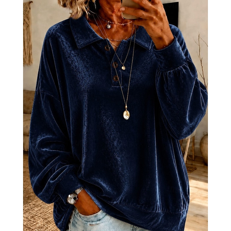 Women's Velvet Collared Top with Button Placket
