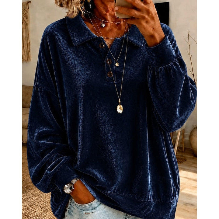 Women's Velvet Collared Top with Button Placket