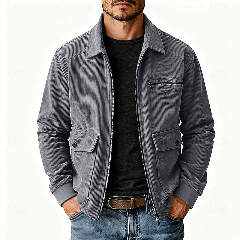 Men's Corduroy Zip-Up Jacket with Flap Pockets
