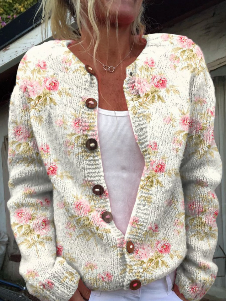 Women's Floral Knitted Cardigan with Contrast Buttons