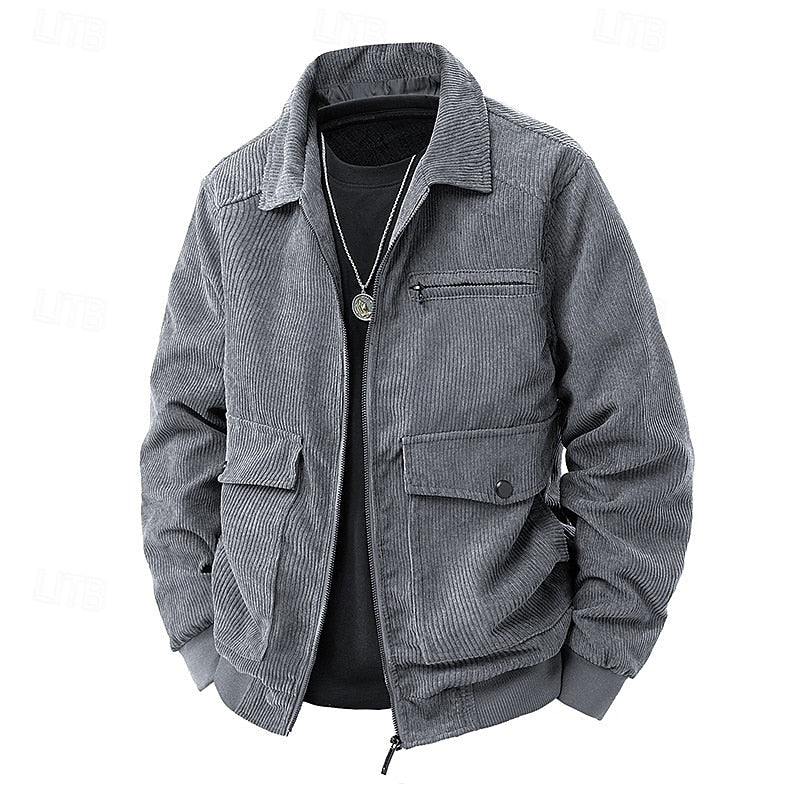 Men's Corduroy Zip-Up Jacket with Flap Pockets