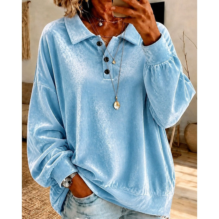 Women's Velvet Collared Top with Button Placket