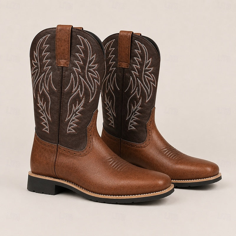 Men's Leather Western Cowboy Boots with Stitched Shaft