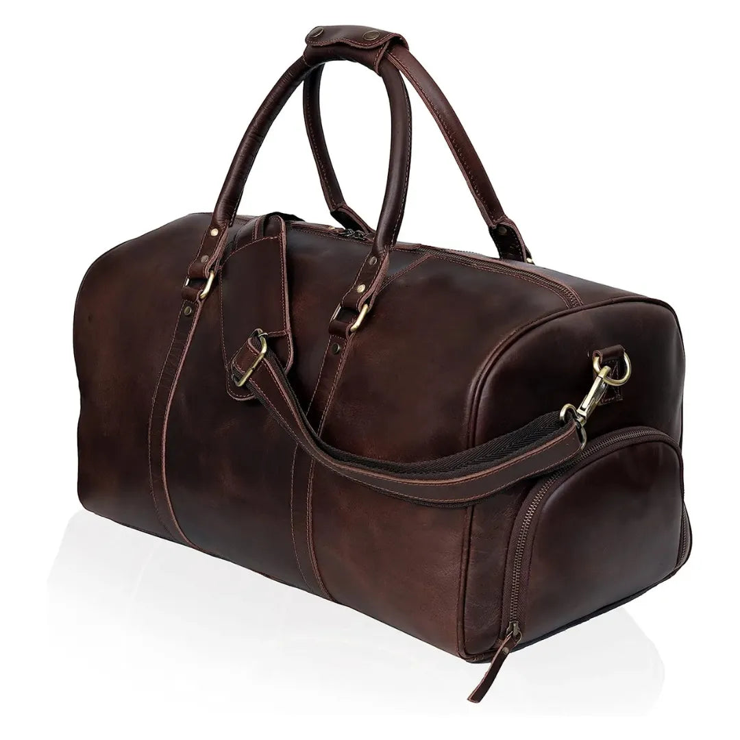 Men's Leather Duffel Weekend Bag with Shoulder Strap