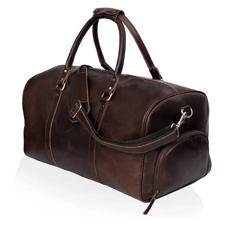 Men's Leather Duffel Weekend Bag with Shoulder Strap
