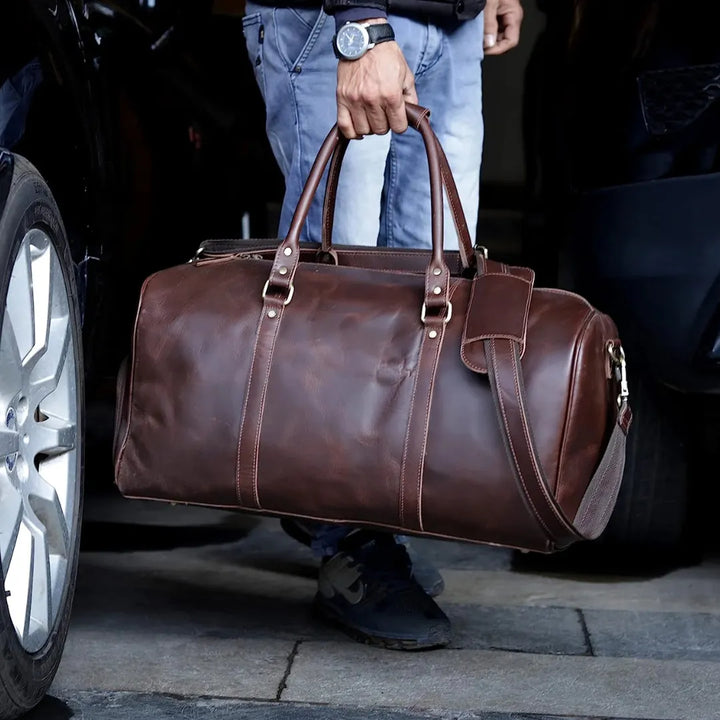 Men's Leather Duffel Weekend Bag with Shoulder Strap
