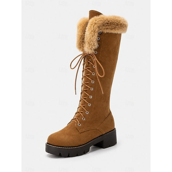 Women's Fur-Trimmed Knee-High Boots with Lace-Up Front