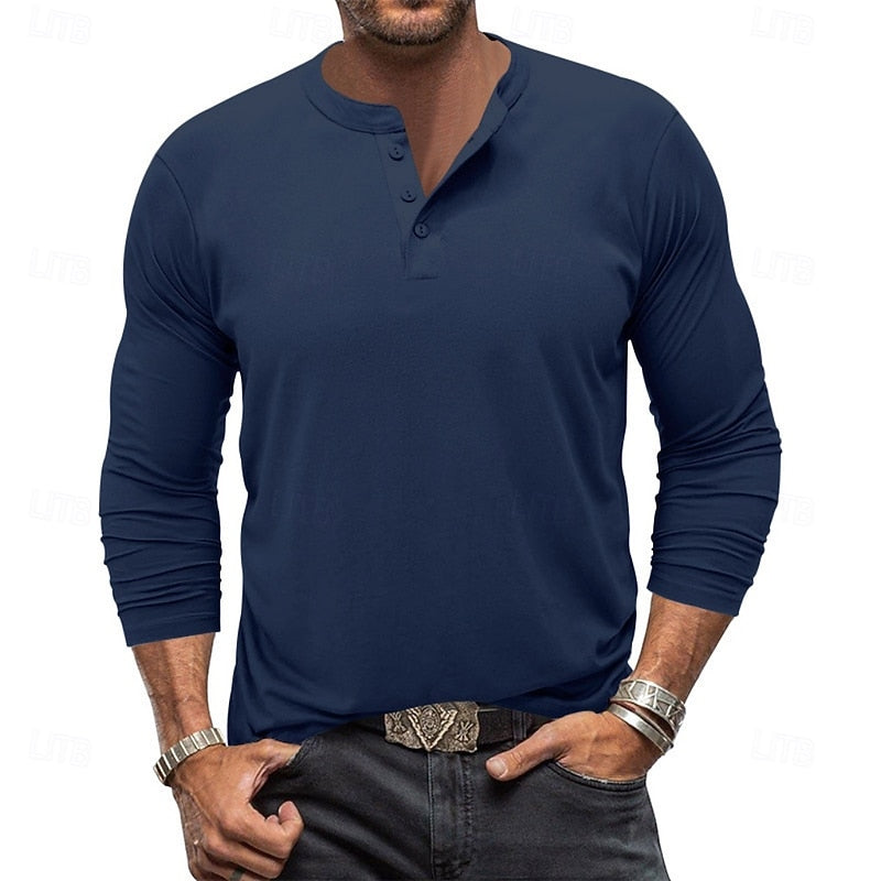 Men's Henley Shirt with Stand Collar Button Placket