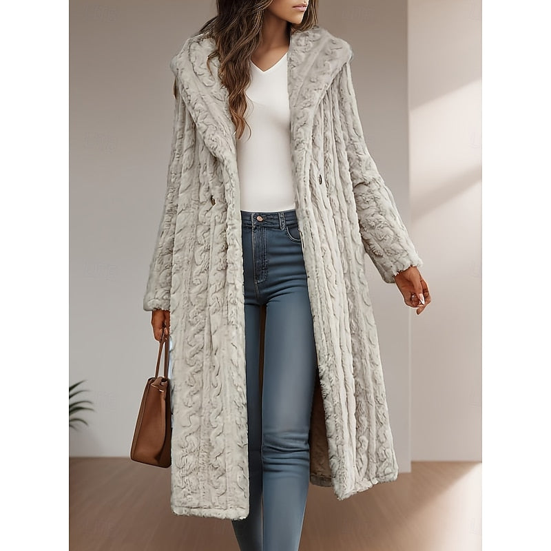 Women's Faux Fur Longline Hooded Coat with Pockets