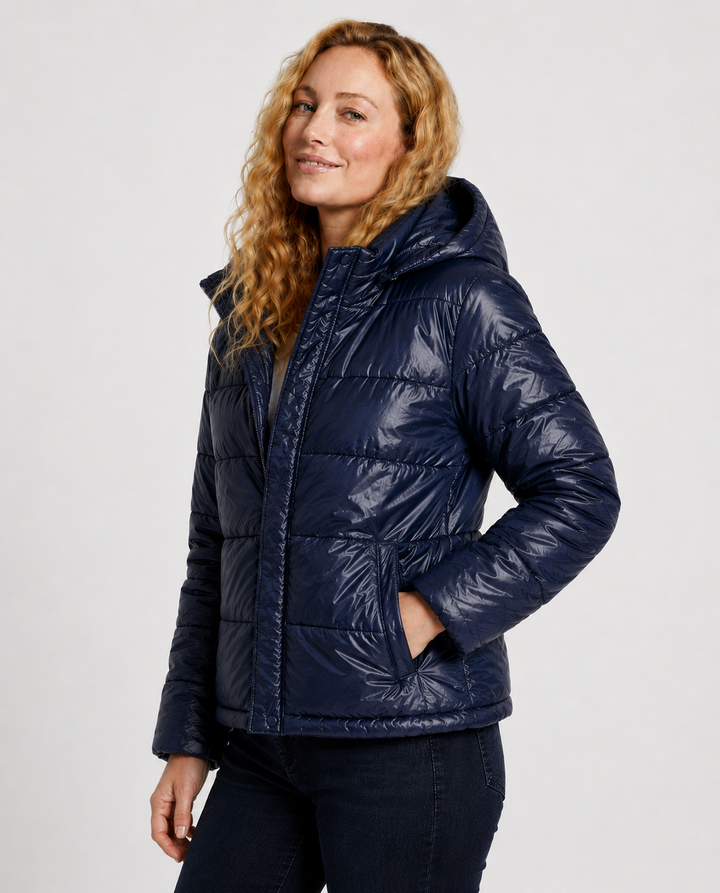 Women's Glossy Puffer Jacket with Padded Hood