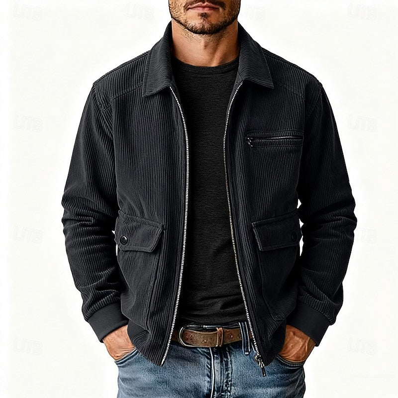 Men's Corduroy Zip-Up Jacket with Flap Pockets