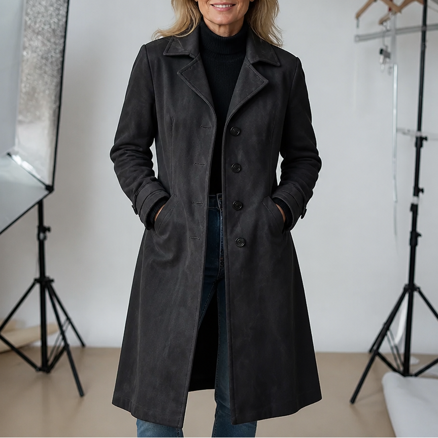 Women's Suedette Longline Trench Coat with Four-Button Front