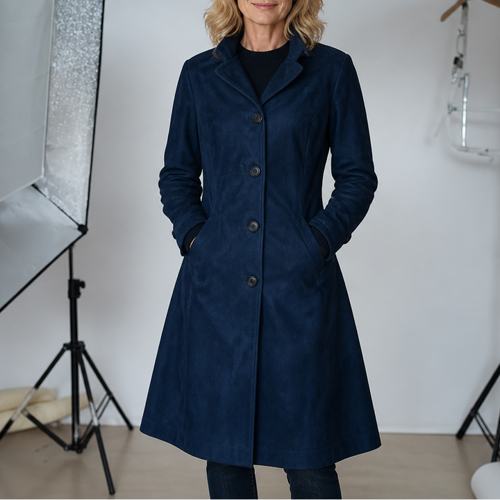Women's Suedette Longline Trench Coat with Four-Button Front