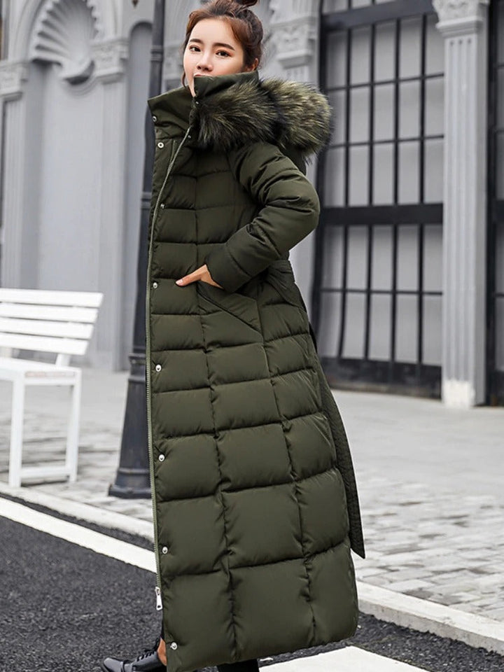 Women's Quilted Long Puffer Coat with Faux Fur Hood